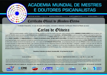 Diploma Academia Mundial de Mestres, Doutores e Intelectuais Psicanalistas