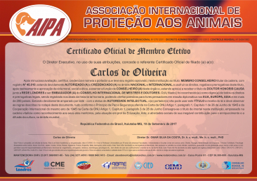 Diploma Associação Internacional de Proteção aos Animais