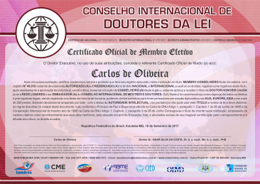 Diploma Conselho Internacional de Doutores da Lei