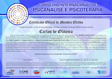 Diploma Conselho Internacional de Psicanálise e Psicoterapia