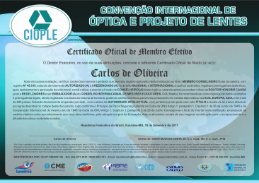 Diploma Convenção Internacional de Óptica e Projeto de Lentes