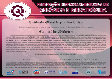 Diploma Federação Hispano-Americana de Mecânica e Mecatrônica