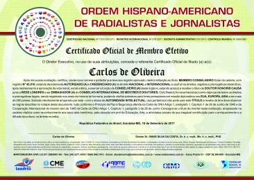 Diploma Ordem Hispano-Americano de Radialistas e Jornalistas